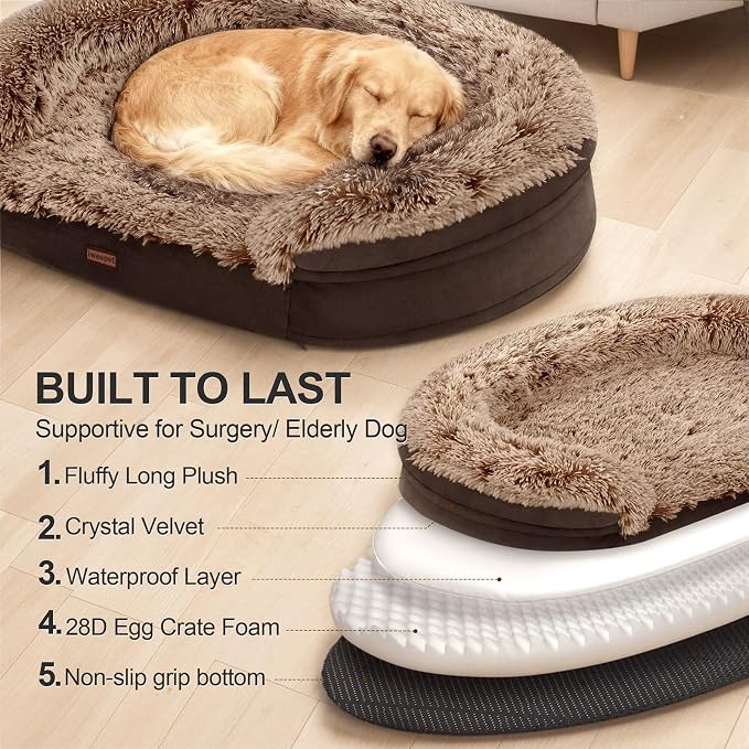 iweepet Fluffy Orthopedic Dog Beds for Large & Extra Large Dogs, 44" Dog Sofa Bed with Supportive 28D Egg-Crate Foam, Removable Washable Cover, Waterproof Lining, for Puppy,Senior,Sick,Brown