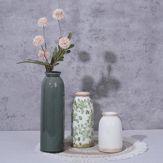 Vintage Ceramic Vase Set of 3, Flower Small Chinoiserie Vase Rustic Modern Farmhouse Centerpiece Decorative Pottery Vases for Table Mantel Entryway Bookshelf Living Room Kitchen Home Decor