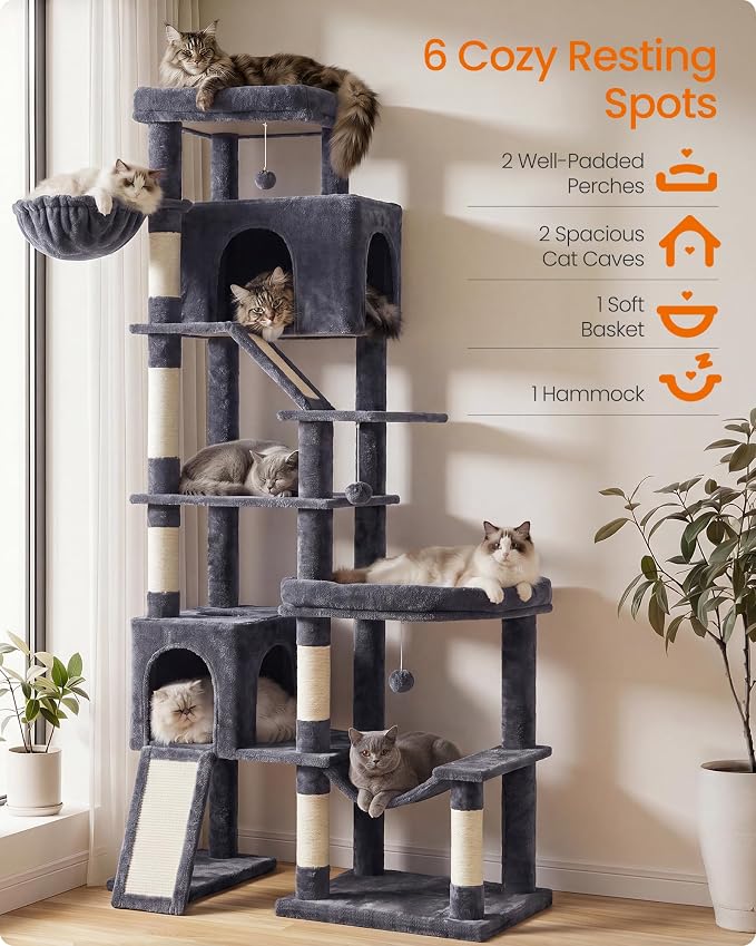 Feandrea Multi-Level Cat Tree for Large Cats, 79.5 inch Tall Cat Tower with 6 Resting Areas and Sisal Scratching Posts, 41.3 x 17.7 x 79.5 inch, Dark Gray Clawfy Collection UPCT020G201