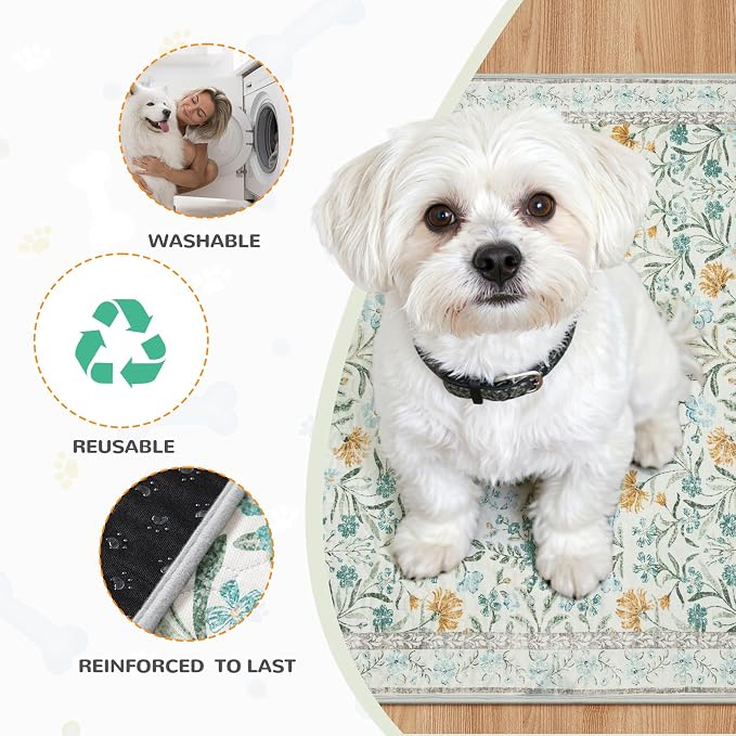 Lahome Botanical Washable Reusable Pee Pads for Dogs, 2 Pack, Beige, 36x36 | Super absorbent, waterproof training mats with leakproof non-slip backing; suitable for potty training, crates and floors.