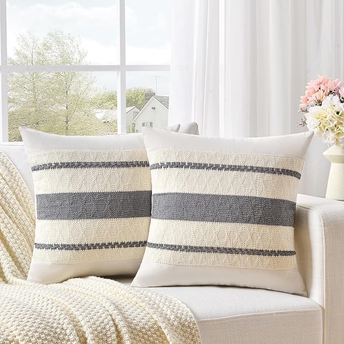 Fancy Homi Set of 2 Neutral Grey Farmhouse Euro Decorative Throw Pillow Covers 26x26 Inch for Couch Bed Chair, Vintage Country Rustic Retro Room Decor, Soft Thick Cotton Handmade Woven Cushion Case