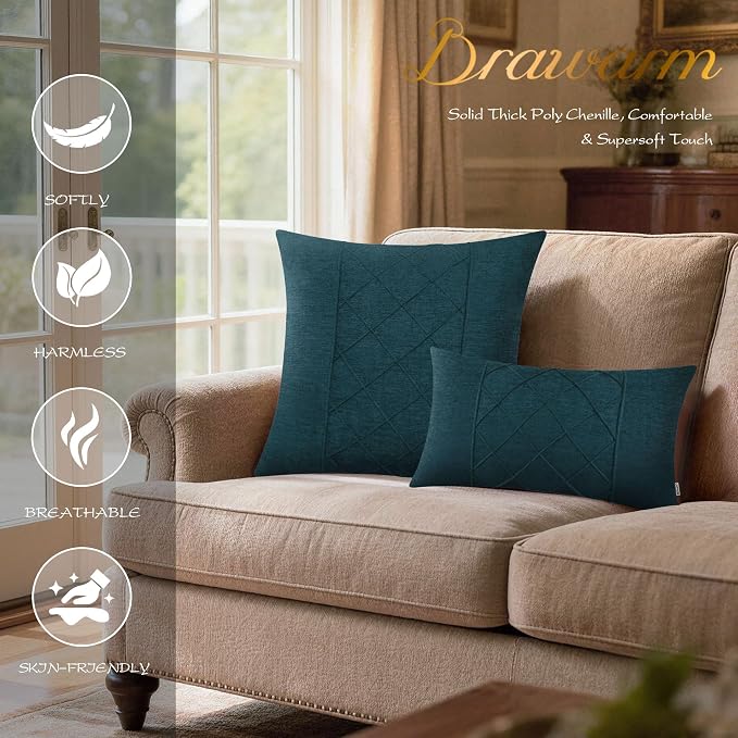 BRAWARM Chenille Throw Pillow Covers 12x20 Inches, Deep Lagoon, 2 Pack | Decorative Lumbar Pleated Pillow Covers, Soft Cushion Cases for Sofa Bed Living Room Home Farmhouse (No Insert)