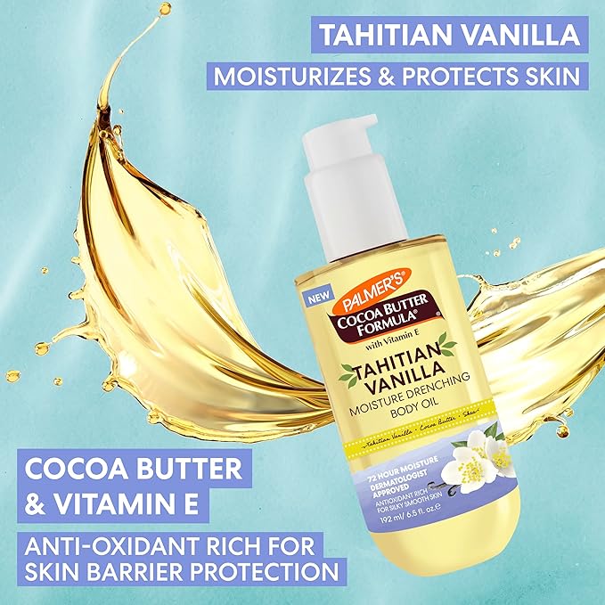 Palmer's Cocoa Butter Formula Body Oil, Moisture Drenching Tahitian Vanilla, 6.5 Oz, 72Hr Hydration with Shea Butter & Vitamin E for Softer Skin, Protects & Soothes Dryness, Dermatologist Approved