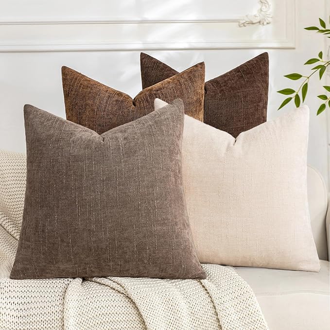 Set of 4 Soft Textured Decorative Throw Pillow Covers 22x22 Inch Cozy Farmhouse Cushion Cover Square Accent Pillow Cases for Bed Couch Sofa Living Room, Beige Taupe Brown