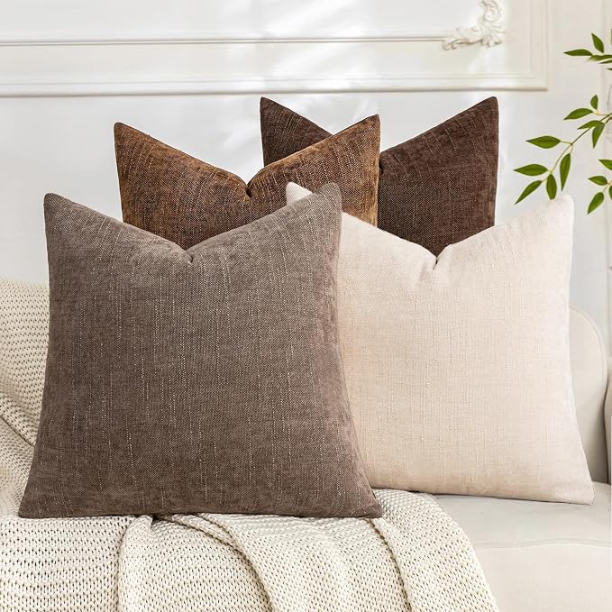Set of 4 Soft Textured Decorative Throw Pillow Covers 16x16 Inch Cozy Farmhouse Cushion Cover Square Accent Pillow Cases for Bed Couch Sofa Living Room, Beige Taupe Brown