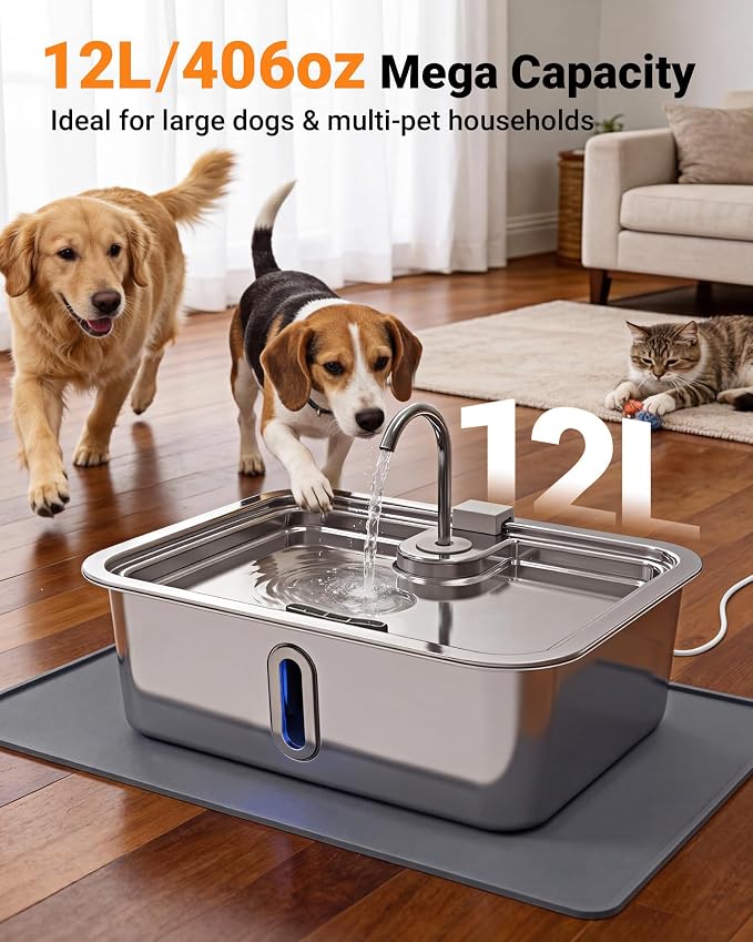 3.17Gal/12L Dog Water Fountain with Silicone Mat & 3 Filters for Dogs Cats | Stainless Steel Multi Pet Water Dispenser, Quiet Automatic Dog Water Bowl Dispenser with Visible Window & Alert Light