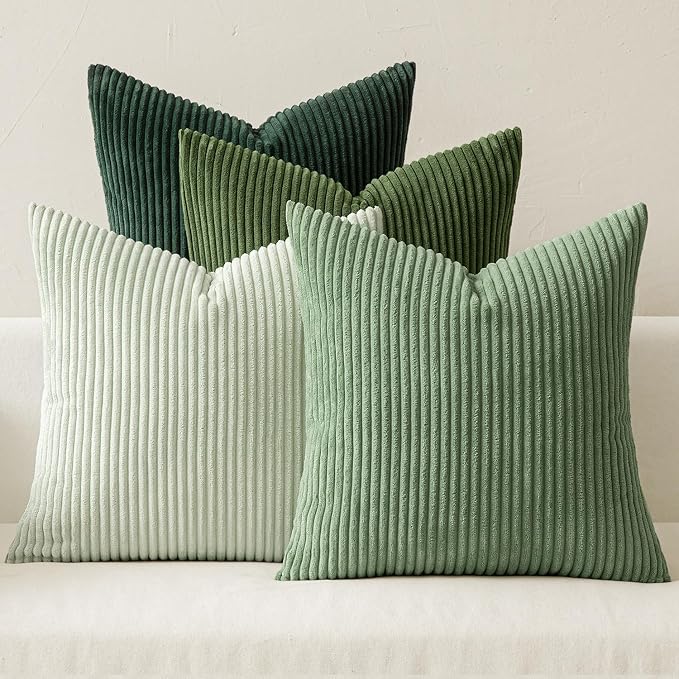 MIULEE Soft Corduroy Decorative Throw Pillow Covers Forest Green 16x16 | Set of 4, Mordern Nordic Home Decor, Gradient Color Matching, Boho Farmhouse Cushion Covers for Couch Bed Sofa Living Room