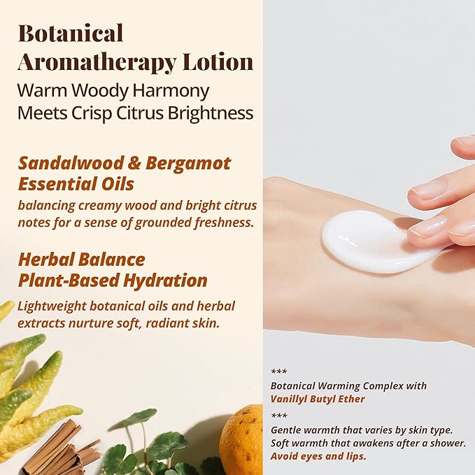Sandalwood & Bergamot Aromatherapy Lotion – Lightweight Moisturizer for Body & Massage, Gentle Warming Care with Woody-Citrus Aroma for Grounding and Refreshing Self-Care, 3.4 fl oz / 100 ml