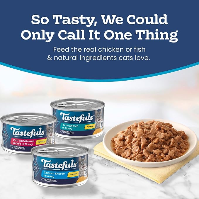 Blue Buffalo Tastefuls Variety Pack Wet Cat Food, 3 oz, 24 ct | Tuna, Chicken & Fish and Shrimp Entrées in Gravy (8 of Each), No Corn, Wheat, or Soy