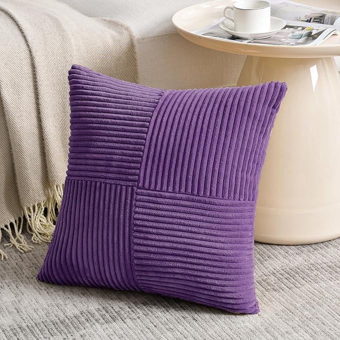 Fancy Homi 2 Packs Purple Euro Decorative Throw Pillow Covers 26x26 Inch for Living Room Couch Bed, Farmhouse Boho Home Decor, Soft Corss Corduroy Patchwork Textured Square Cushion Case 66x66 cm