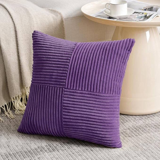 Fancy Homi Set of 1 Purple Square Decorative Throw Pillow Covers 14x14 Inch for Living Room Bedroom Couch Bed Sofa, Soft Striped Corduroy Modern Rectangle Accent Cushion Case 35x35 cm