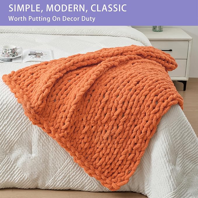 Bigacogo Chunky Knit Throw Blanket for Couch, 40x40 inches, Terracotta | Hand Knit with Jumbo Chenille, Soft Breathable Cable Knit for Sofa Bed Living Room, Machine Washable, Gift for Mom Friend
