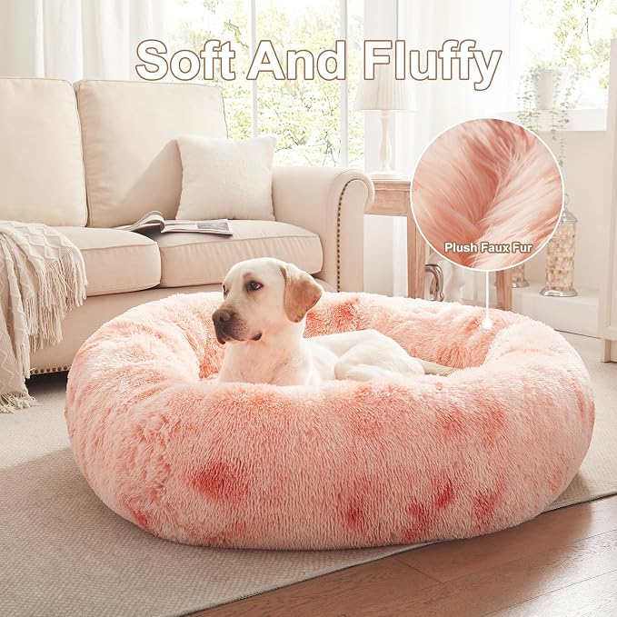 45 in Faux Fur Donut Dog Bed for Extra Large Dogs,Tie-dye Pink | Calming Plush Round Jumbo Fluffy Pet Bed with Removable & Washable Cover,Fits up to 120 lbs Pets