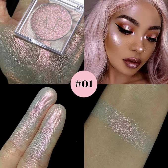 Pink Gold Highlighter Makeup Powder, Duochrome Radiant Shimmer Highlighting Makeup Pallet, Long Lasting Korean Iluminadores De Maquillaje, High Pigment Sparkly Shiny Face Illuminator for All Skin, #01