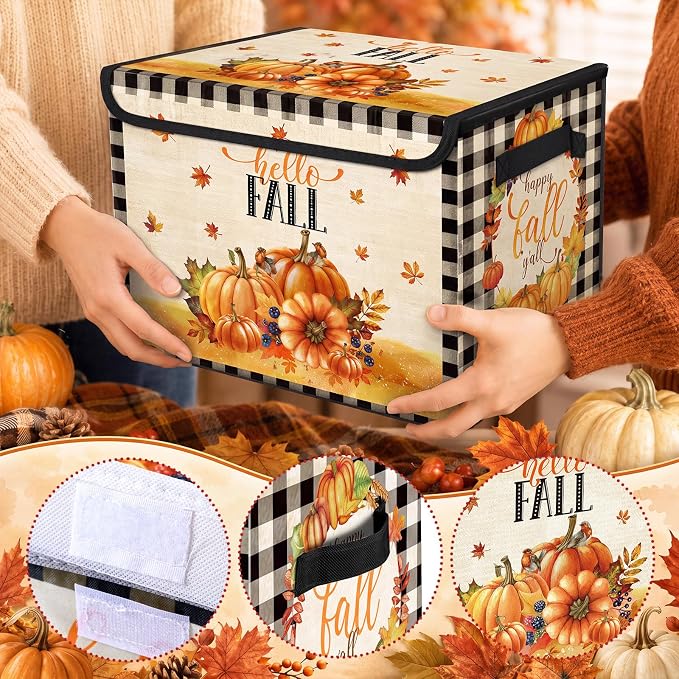 Briwooody Fall Pumpkin Storage Bin with Lid and Carrying Handle Pumpkin Foldable Storage Box Large Autumn Harvest Decorative Collapsible Container Basket for Organizing Closet Home Bedroom Fall Gifts