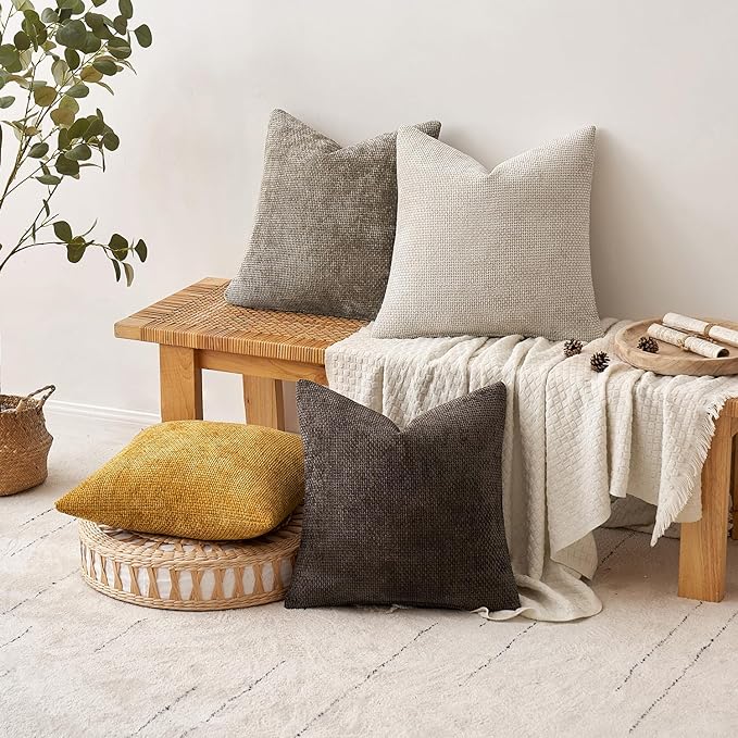 MIULEE Decorative Chenille Fall Pillow Covers Gold Brown 20x20 Pack of 4 | Rustic Home Decor, Earth Tones Set, Couch Throw Pillows, Farmhouse Boho Cushion Covers for Sofa Bed Living Room