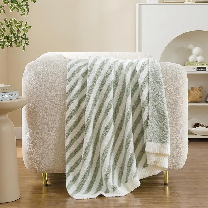 Snuggle Sac Ultra Soft Throw Blanket, Sage Green, 50"x60" | Reversible, Cozy Knitted, Fuzzy Knit Striped, For Couch, Sofa, Bed