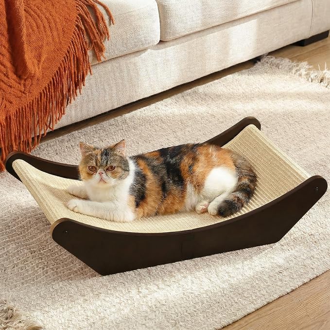 Zakkart Cat Sisal Scratching Bed Hammock, 2-in-1 Cat Scratcher & Lounging Bed, 100% Natural Sisal Mat, Solid Wood Frame, Cat Furniture Protector (Large, Dark Stained)