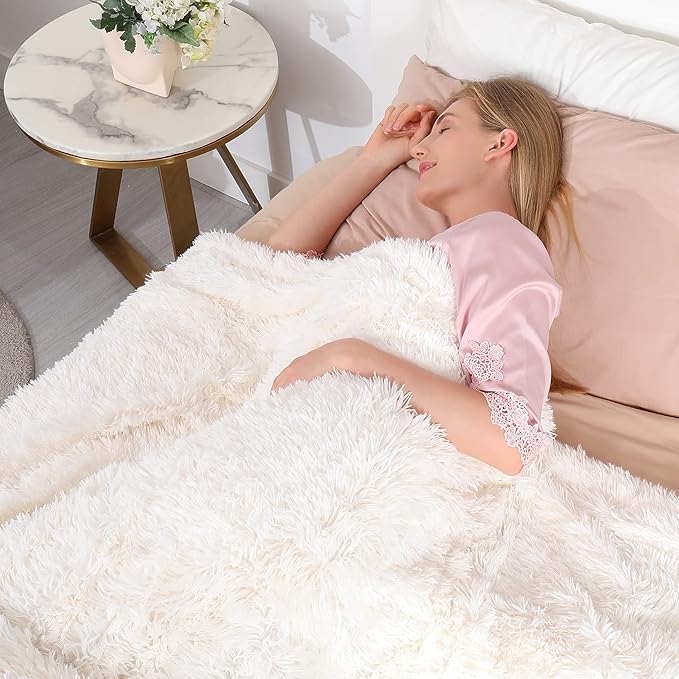 Decorative Extra Soft Fuzzy Faux Fur Throw Blanket 50" x 60",Solid Reversible Long Hair Shaggy Blanket,Fluffy Cozy Plush Comfy Microfiber Fleece Blankets for Couch Sofa Bedroom,Cream White