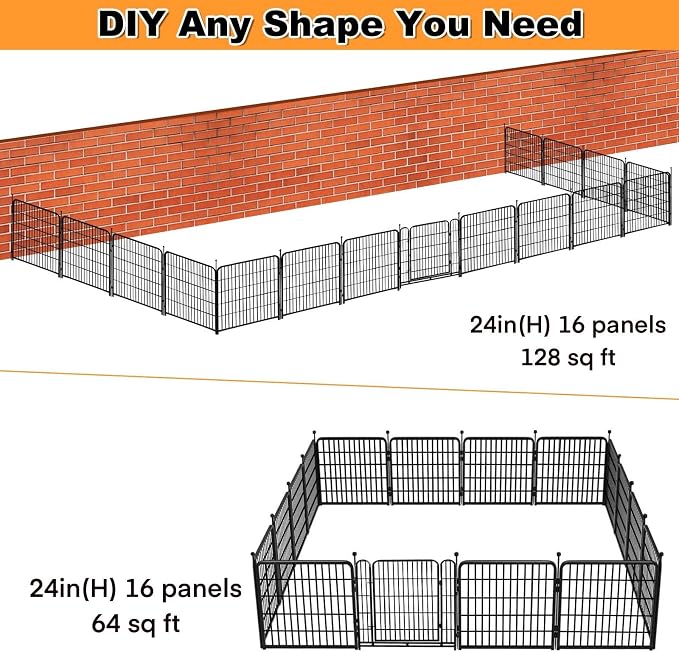 Getlay Dog Playpen 24 inch(H) 16 Panels Dog Fence Outdoor for Yard. Metal Dog Pen Heavy Duty Pet Puppy Exercise Pen for Rv Camping Garden Yard, Wide Door Low Threshold Dog Fence Total 31.4 Ft(L)