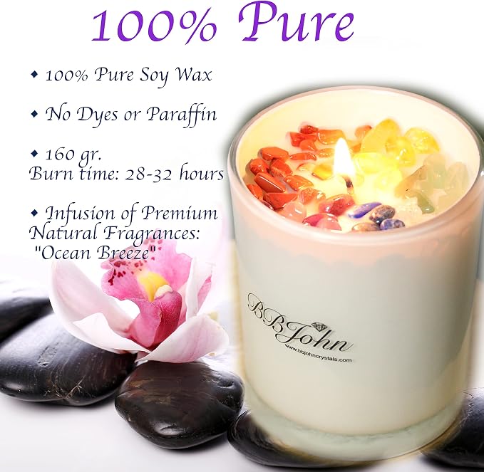 Chakra Crystal Candle - Manifestation Intention - Healing Crystals Gemstones - Seven Chakras Stones - Meditation - Spiritual Aromatherapy - Stress Relief, Relaxing & Balance - Natural Soy Wax