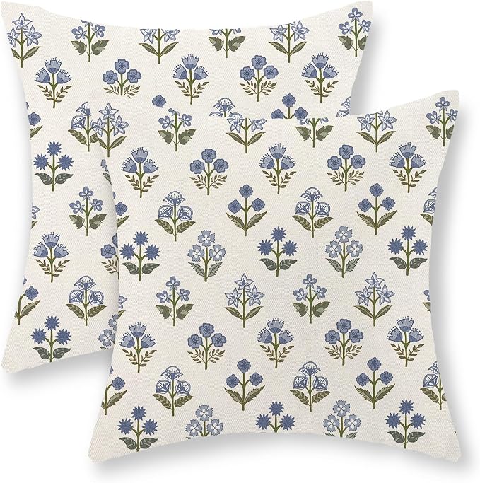 Farmhouse Floral Block Print Pillow Covers 18x18 Set of 2, Vintage Rustic Decorative Throw Pillows Modern Flower Cushion Covers for Sofa Couch Bed Living Room Home Decor, Sage Green Blue
