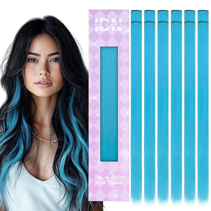 IDN BEAUTY Colored Clip in Hair Extension, 12PCS Sky Blue 24Inch Invisible Clip Straight Synthetic Hair Pieces for Women, Hair Accessories for Party Cosplay Travel Birthday