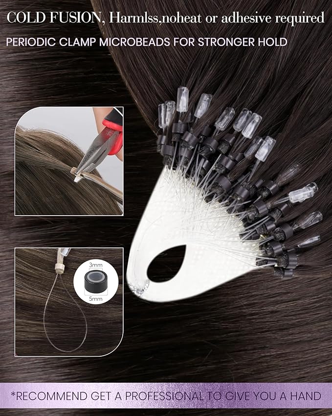 LaaVoo Micro Link Hair Extensions Human Hair Dark Brown Microbead Hair Extensions 24 inch Brown Long Straight 50g/50strands