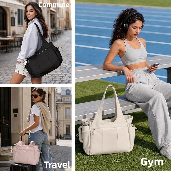 TOPEAST Foldable Tote Bag for Women with Yoga Mat Holder,Travel Tote Bag with Water Bottle Pocket,Lightweight Workout Gym Bag