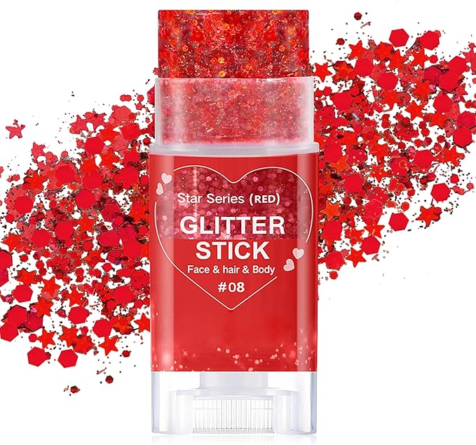 Red Body Hair Glitter Stick for Kids,Christmas Makeup Chunky Sequins Face Glitter Rave Singer Concert for Women, Halloween Glitter Paint,Waterproof Shimmer Carnival Mardi Gras Accessories