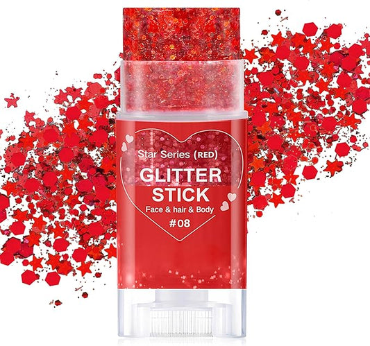 Red Body Hair Glitter Stick for Kids,Christmas Makeup Chunky Sequins Face Glitter Rave Singer Concert for Women, Halloween Glitter Paint,Waterproof Shimmer Carnival Mardi Gras Accessories