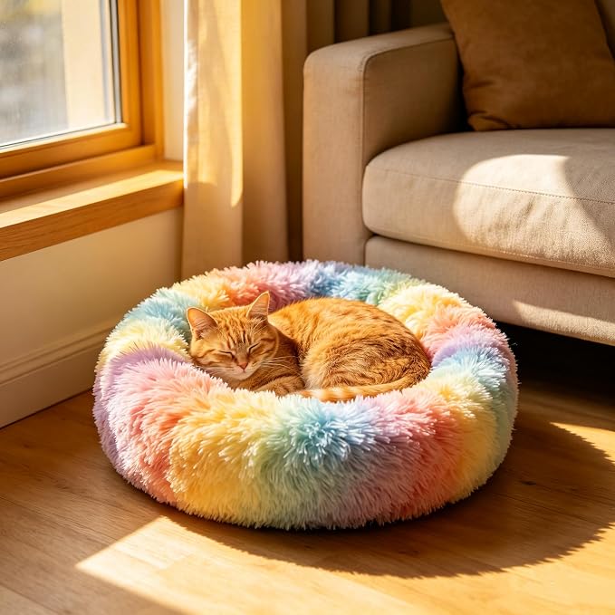 Cat Beds for Indoor Cats - Anti Anxiety Round Dog Beds for Small Medium Dogs, Fluffy Plush Faux Fur Pet Bed (Rainbow, Large 24" L x 24" W)