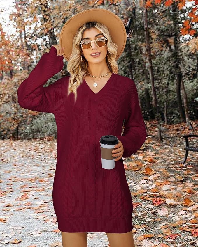 Women's Pullovers Jumper Sweaters Lantern Sleeve Casual V Neck Fall Knit Mini Sweater Dresses