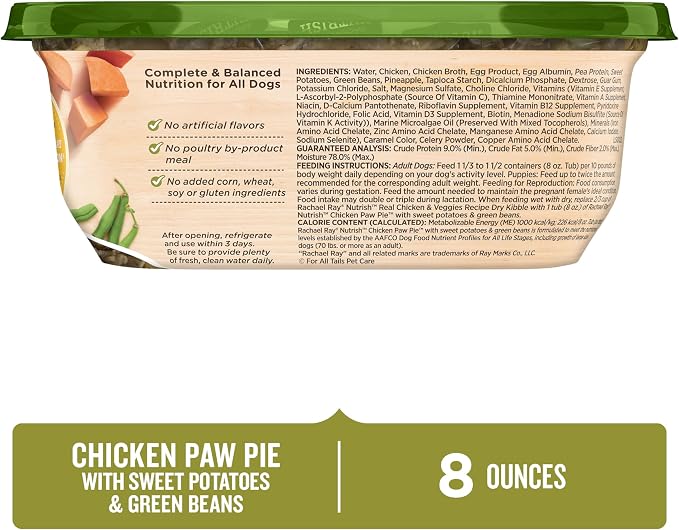 Nutrish Chicken Paw Pie Wet Dog Food, 8 oz. Tub (Pack of 8) (Rachael Ray) | Made with Sweet Potatoes & Green Beans, No Artificial Flavors, No Added Corn, Grain, Gluten or Soy Ingredients
