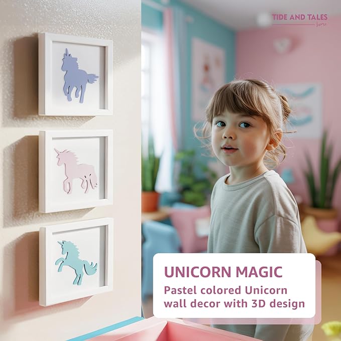 Tide and Tales Unicorn Wall Decor (Set of 3) 3D Framed Unicorn Bedroom Decor for Girls, Pastel Girls Room Decorations, White Wood Nursery Decorations Wall Art, Gift-Boxed