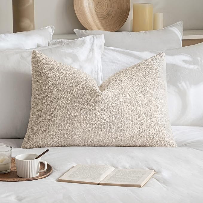 MIULEE Textured Boucle Lumbar Pillow Cover for Bed 16x24 Beige | Pack of 1 Textured Neutral Couch Throw Pillow Cover, Accent Solid Pillowcase, Sofa Living Room Home Decor