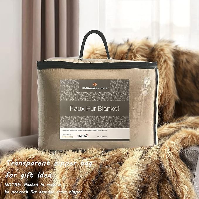 Luxury Plush Faux Fur Blanket Queen Size, Long Pile Golden Yellow with Black Tips Throw, Oversized Super Warm, Fuzzy, Elegant, Fluffy Decorative Blanket for Sofa, Armchair, Couch and Bed, 90"x90"