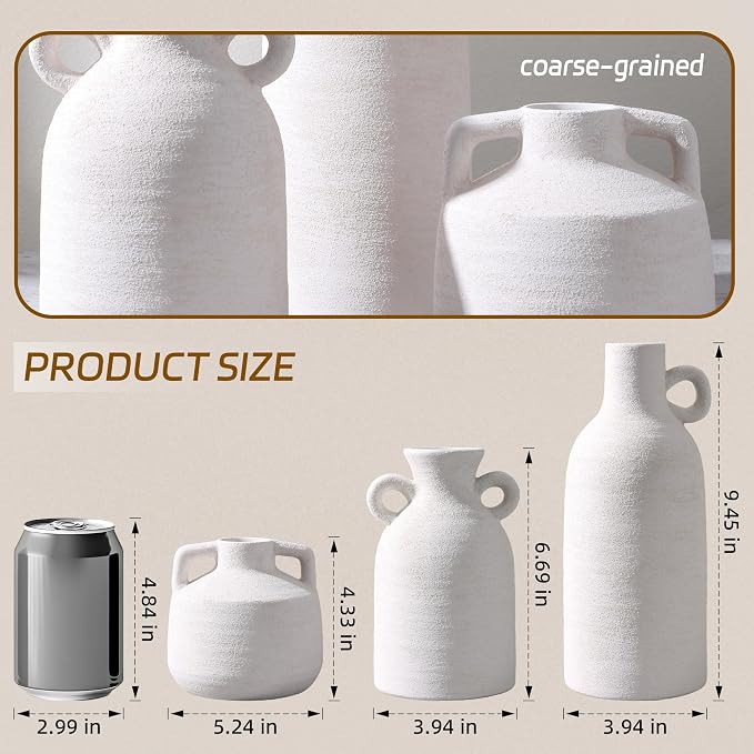 Ceramic Vase Set, 3Pcs Flower Vases for Modern Boho Farmhouse Decor, Decorative Vases for Pampas Grass & Dried Flowers, Distressed Finish