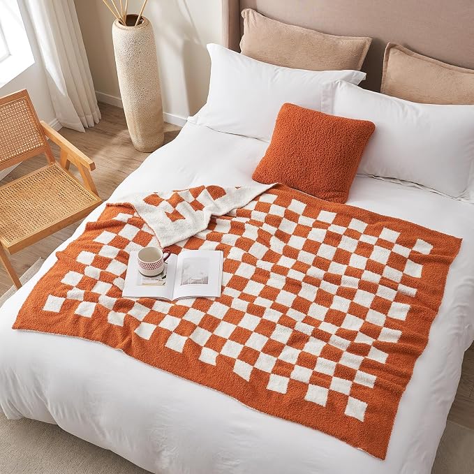 Snuggle Sac Checkered Throw Blanket for Couch, Super Soft, Cozy Warm Knit Blankets, Reversible Plaid Fluffy Throws for Sofa, Bed, Checkered Burnt Orange, 50x60 Inches