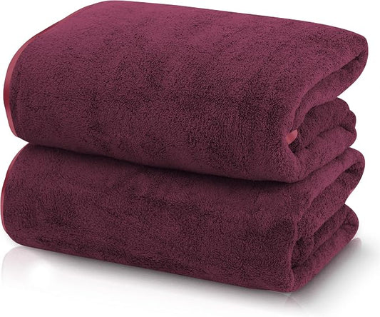 TENSTARS Silk Hemming Bath Towels for Bathroom Clearance - 27 x 55 inches - Light Thin Quick Drying - Soft Microfiber Absorbent Towel for Bath Fitness, Sports, Yoga, Travel, Gym - 2 Pack, Burgundy
