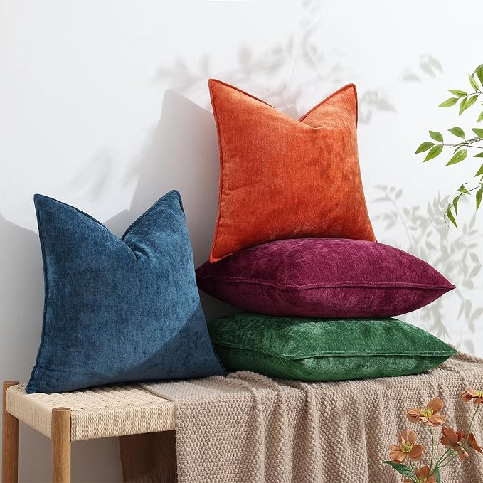 decorUhome Chenille Green Velvet Throw Pillow Covers 18x18 Set of 2 | Fall Soft Couch Decorative Modern Farmhouse Pillow Cases with Elegant Design for Sofa Bed Living Room Home Decor
