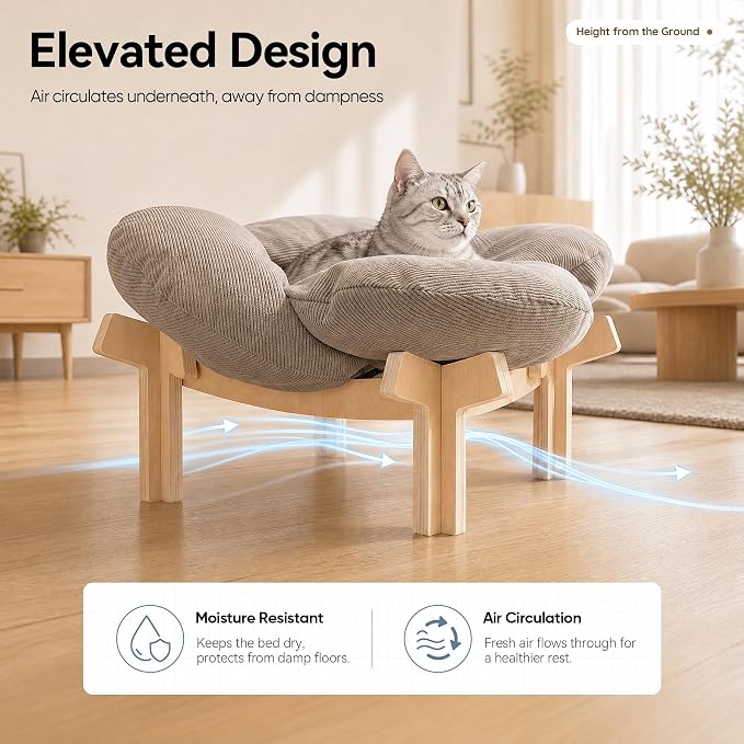 JUNSPOW Elevated Cat Bed with Wooden Stand, Holds Up to 40lbs with Ease | Removable Soft Cushion for Kitty And Puppy, Suitable and Comfortable Pet Bed for Indoor & Outdoor Cats