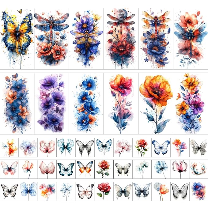 GLARYYEARS Temporary Tattoos for Women Girls, 45-Pack Large&Small Fake Tattoos, Long-lasting Flower Floral Butterfly Tattoo, Variety Pack Realistic Tattoos 3D, Cool on Arm Leg Wrist Hand Body