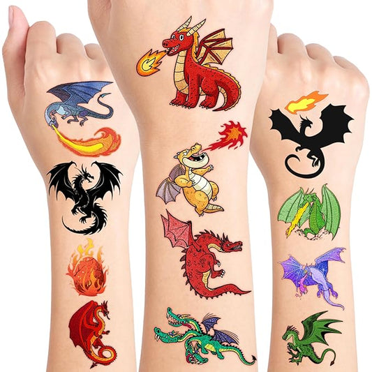 96PCS Dragon Pre-cut Temporary Tattoos Birthday Party Supplies Favors Decorations Knight Dragon Super Cute Fake Tattoos Stickers for Kids Boys Girls School Classroom Rewards Gifts Ideal Halloween