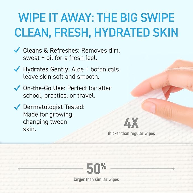 TBH Kids XL Wipes for Kids and Teens –Extra Large Wipes, Alcohol Free Disposable Washcloths, Unscented Cleansing Cloths for Teen Girls & Boys – 5 pk (100ct total)