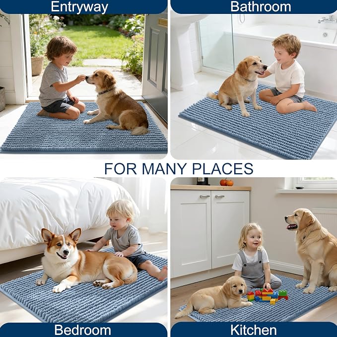 OLANLY Dog Door Mat for Muddy Paws 59x24, Extra Absorbent Chenille Mud Mat | Airy Blue, Absorbs Moisture and Dirt, Non-Slip Machine Washable Doormat, Quick-Drying Indoor Entryway Floor Mat for Dogs