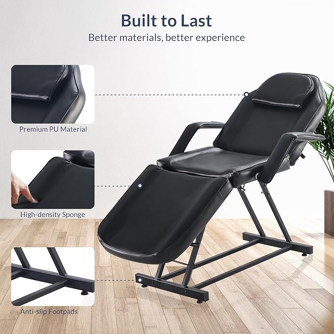 BELLEZE Adjustable Tattoo Table Chair Salon Bed Eyelash Microblading Esthetician Equipment for Professional Massage Facial Lash Beauty Treatment Spa - Black