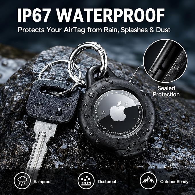 Waterproof AirTag Holder, 4 Pack AirTag Keychain Holder with Keyring, Black | Compatible with Apple AirTags 1st & 2nd, Ultra-Durable Anti-Scratch Protective Case for Luggage, Backpack, Pet, Bag