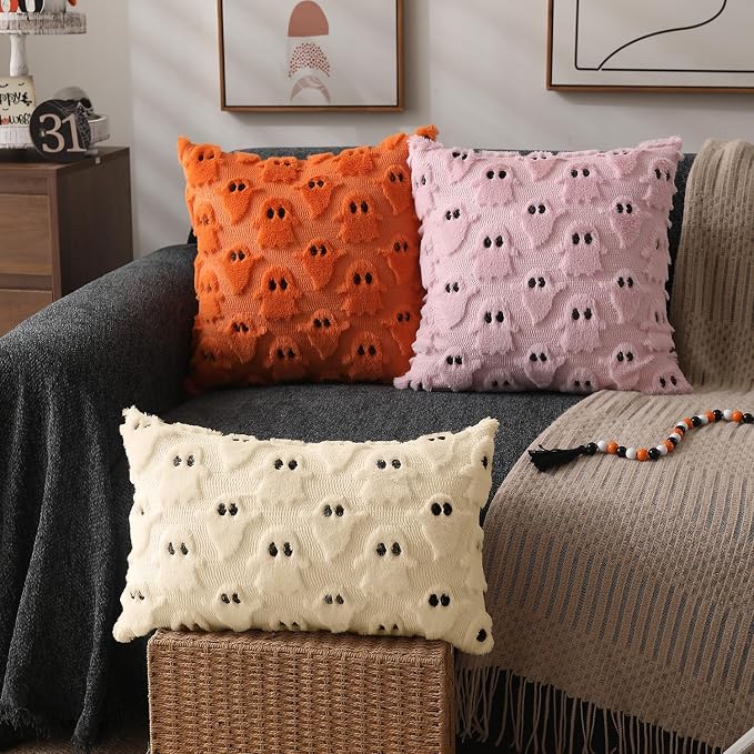 DFXSZ Halloween Pillow Covers 12x20 inch 2Pcs Beige Ghost Halloween Decor | Halloween Decorations Set of 2 Throw Pillow Cases Plush Faux Fur Wool Cushion for Chair Sofa Bedroom Living Room Home Decor