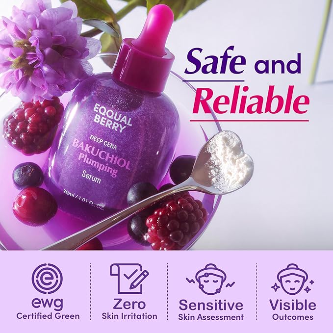 EQQUALBERRY Bakuchiol Plumping Face Serum - Retinol Natural Alternative for Sensitive Skin, with Niacinamide & Hyaluronic Acid, Pore & Wrinkle Korean Skin Care (1.01oz / 30ml)
